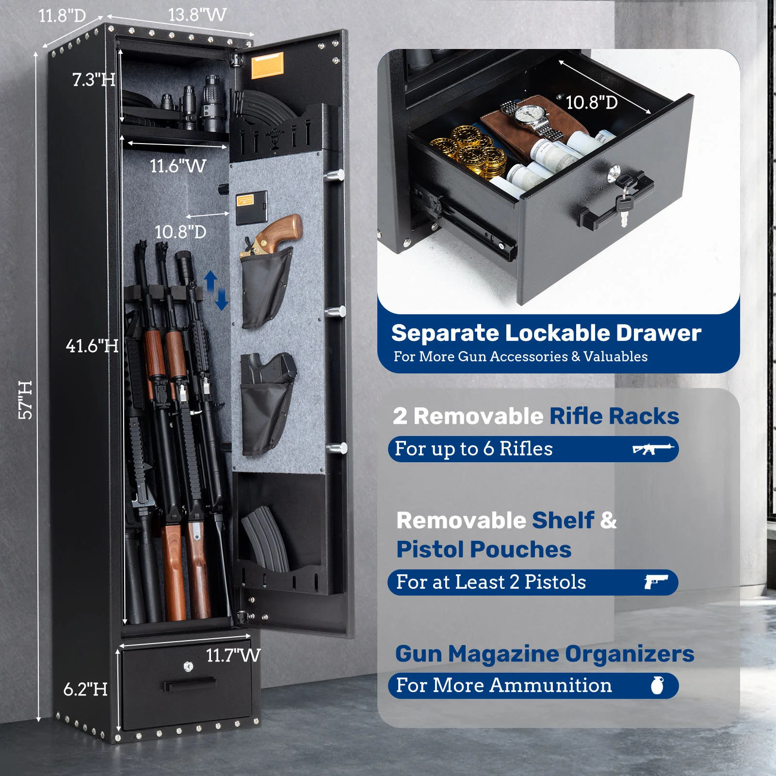 SE0105 Rifle Safe, 6 Long Gun Cabinet Keypad Separate Drawer - Image 10