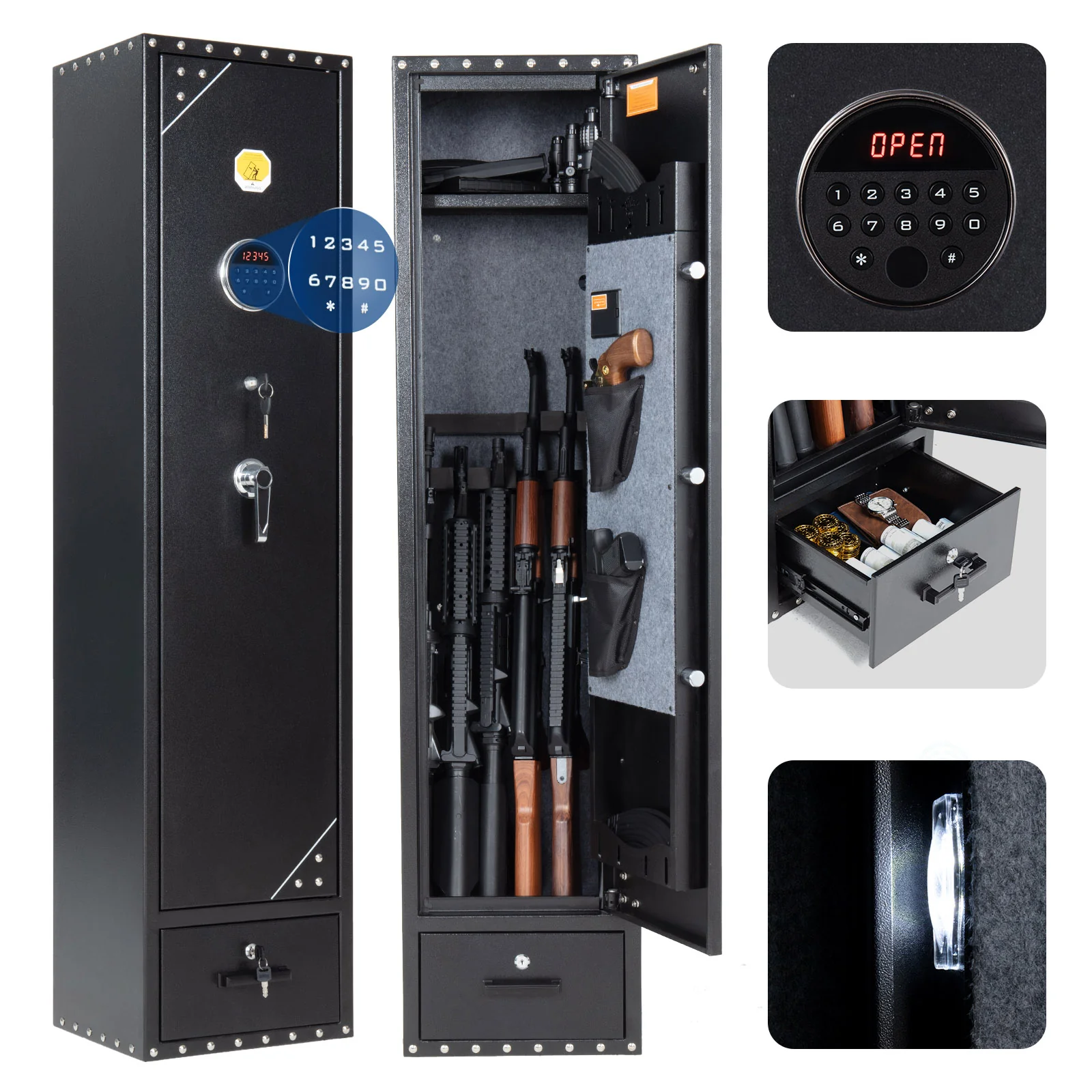 SE0105 Rifle Safe, 6 Long Gun Cabinet Keypad Separate Drawer - Image 3