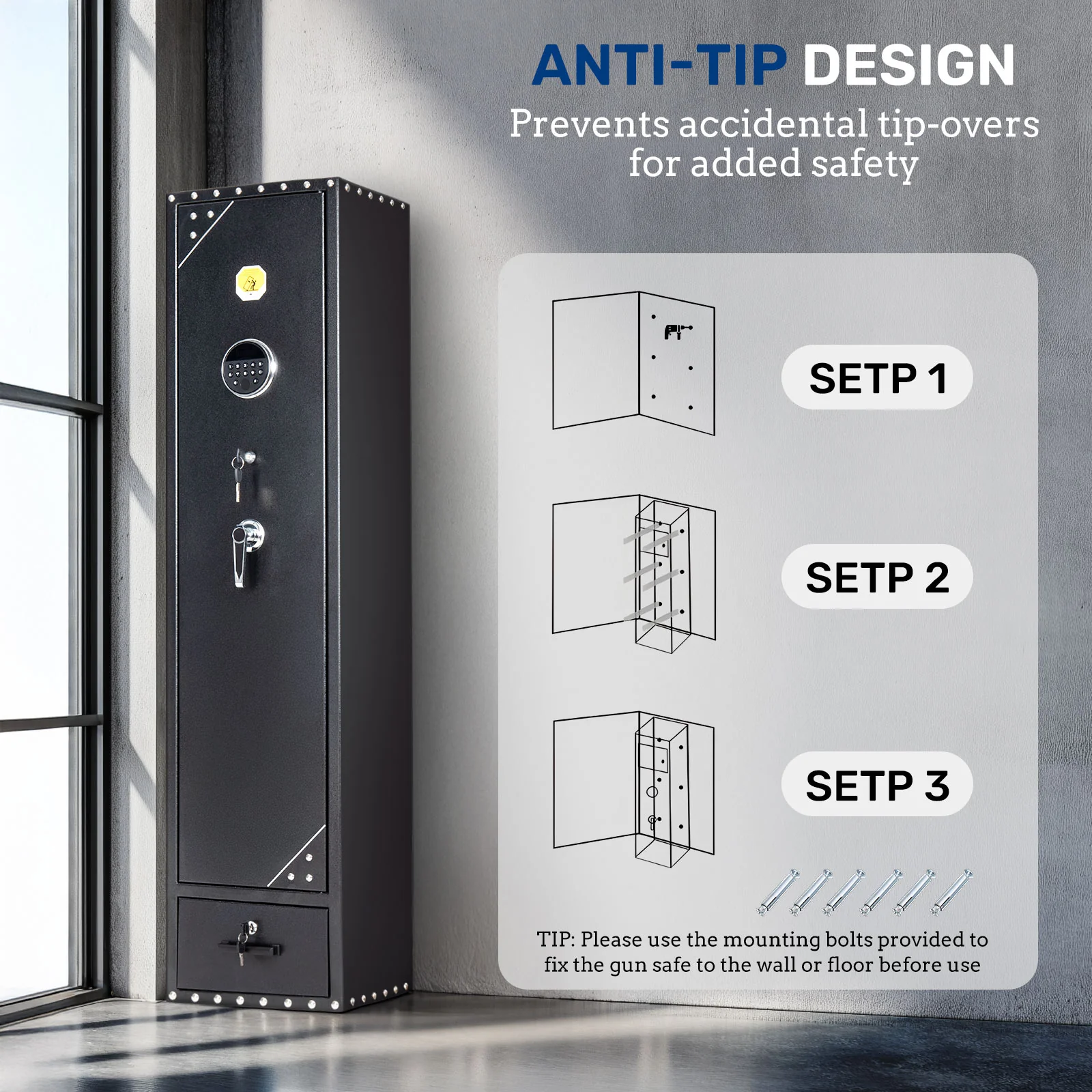 SE0105 Rifle Safe, 6 Long Gun Cabinet Keypad Separate Drawer - Image 9