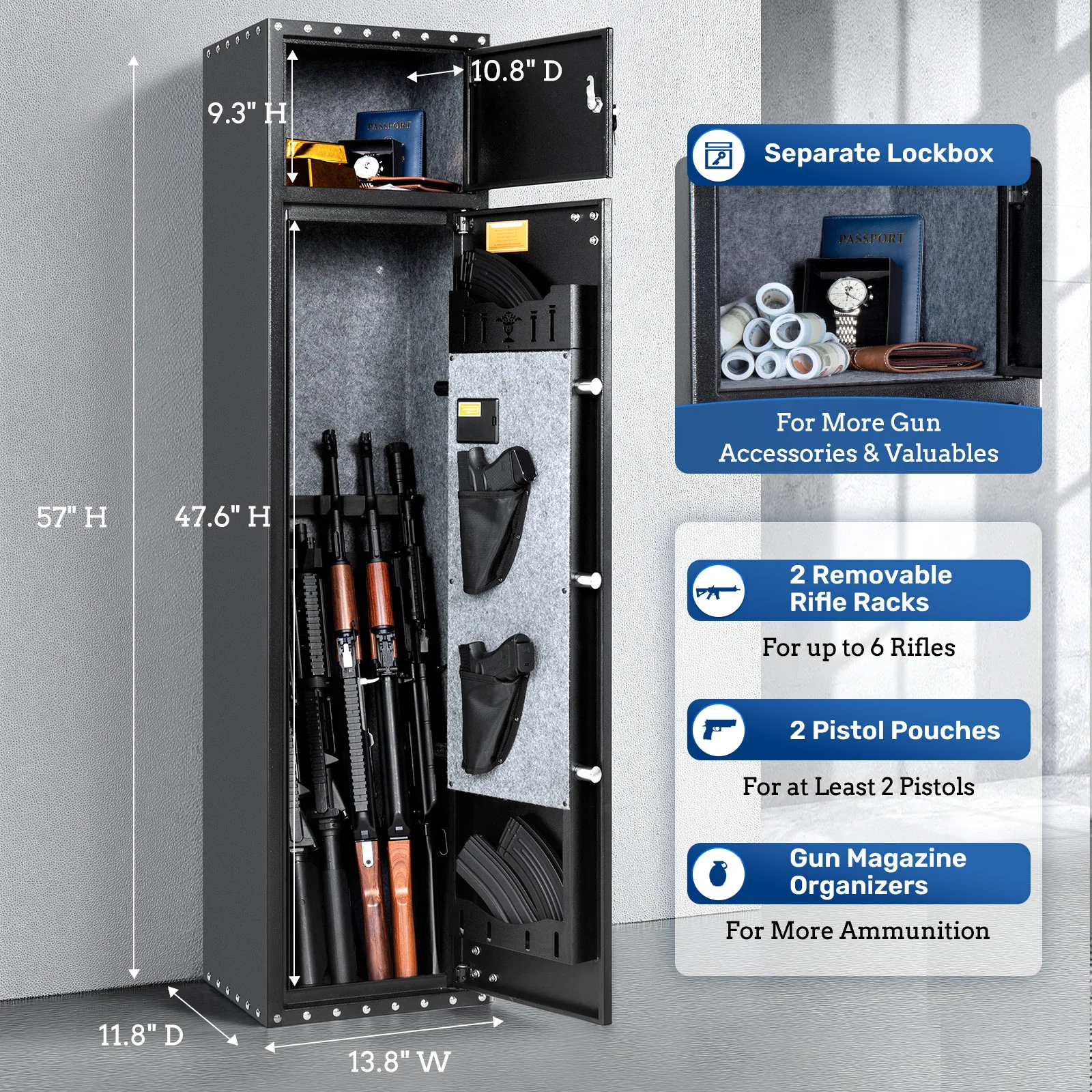 SF0107 Rifle Safe, 6 Long Gun Cabinet Fingerprints Separate Lockbox - Image 9