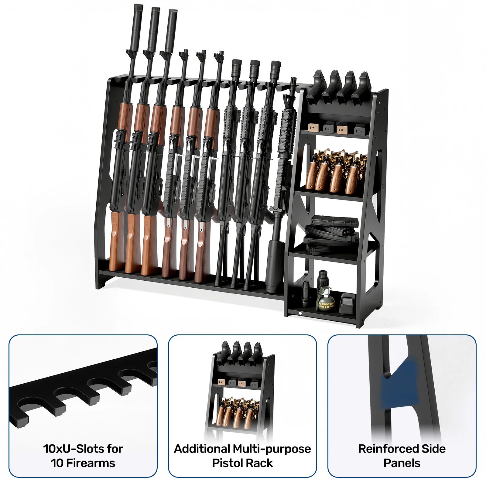 UWR-MA10 Rifle Racks, 10 Long Gun Floor Standing with Pistol Shelves - Image 5
